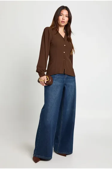 Hammered Volume Sleeve Fitted Blouse - chocolate