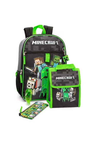Minecraft Childrens/Kids Time To Mine Backpack Set - Black/Green