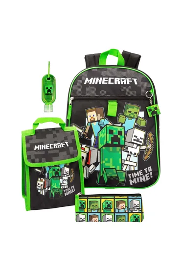 Minecraft Childrens/Kids Time To Mine Backpack Set - Black/Green