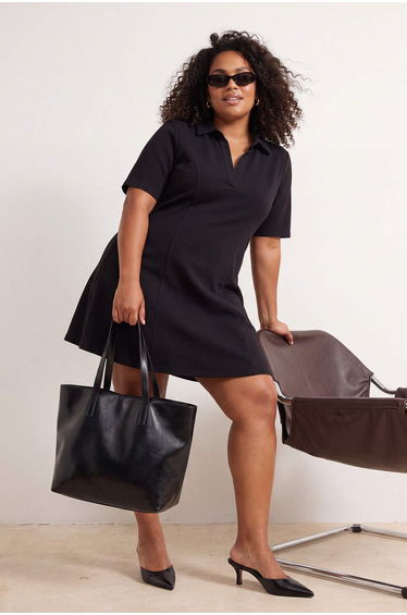 Black Polo Neck Skater/ Flared from the Waist Mini Knitted Plus Size Dress