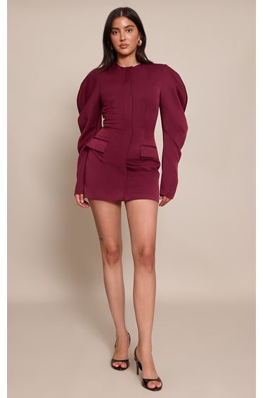 Deep Plum Woven Cacoon Sleeve Button Down Blazer Dress