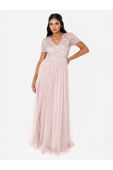 Maya Frosted Pink V Neckline Embellished Maxi Dress