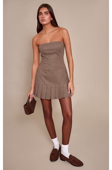 Chocolate Wool Look Bandeau Pleated Skirt Mini Dress
