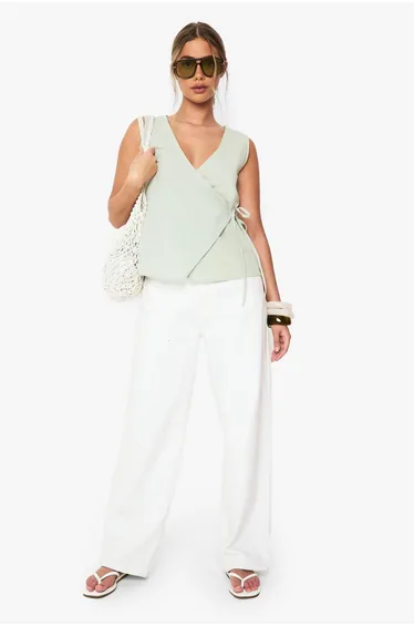 Linen Wrap Front Top - sage