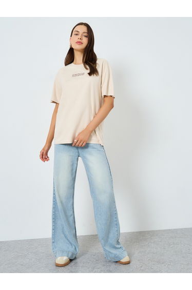Beige Oversized Slogan T-Shirt