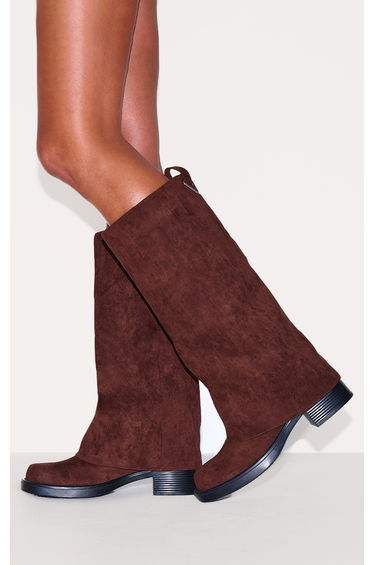 Chocolate Faux Suede Block Heeled Fold Over Knee High Boots