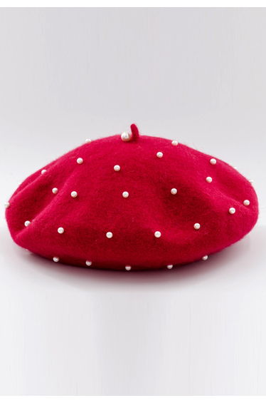Handmade Pearl Wool Blend Beret Hat in Red