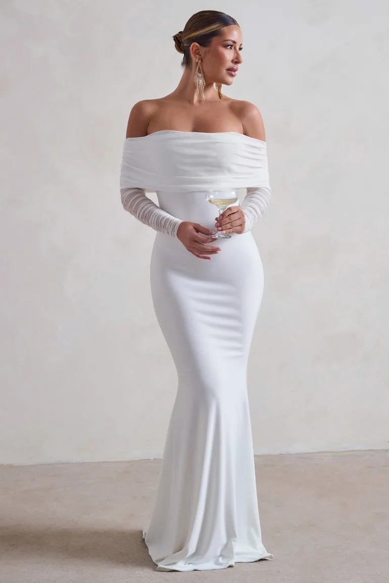 Madeleine | White Fishtail Maxi Dress With Bardot Mesh Long Sleeves - 3