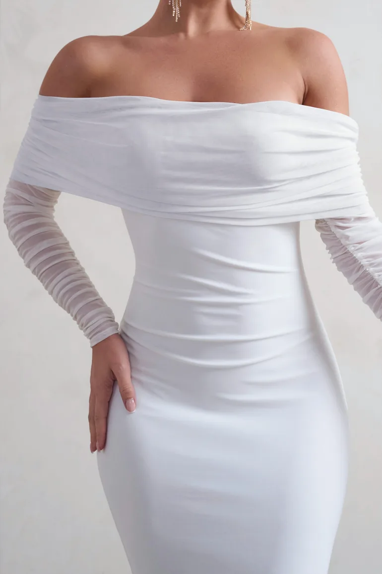 Madeleine | White Fishtail Maxi Dress With Bardot Mesh Long Sleeves - 2