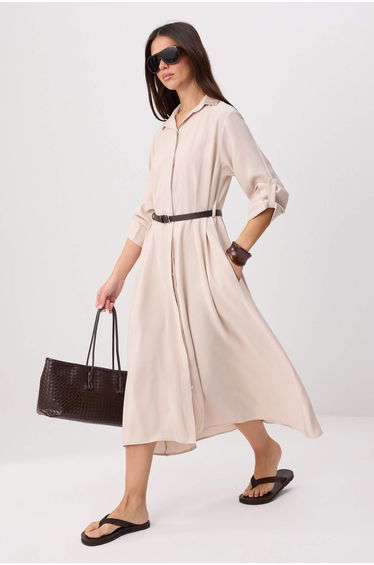 Stone Shirt Collar Belt Detailed Woven Hijab Dress