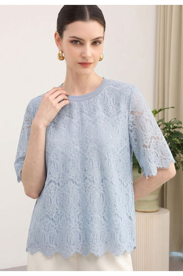 Intricate Lace Overlay Scalloped Edge Top in Dusty Blue