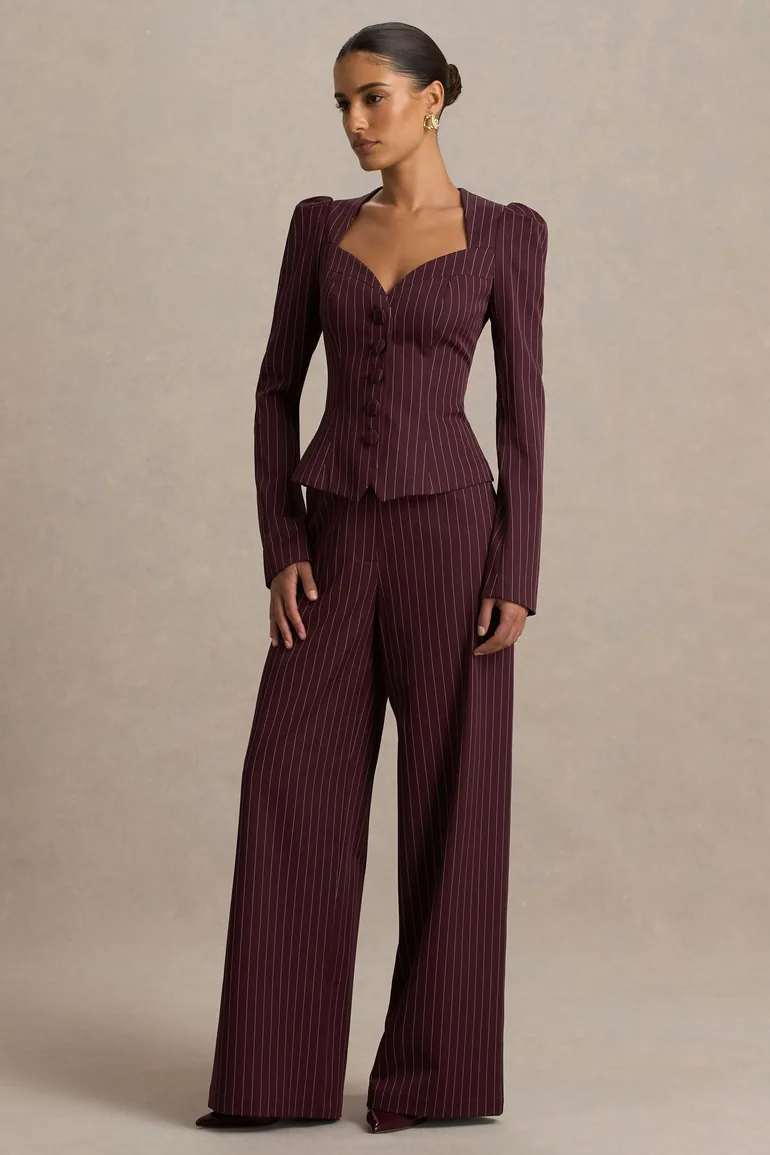 Asteria | Burgundy Pinstripe Wide-Leg Trousers - 5