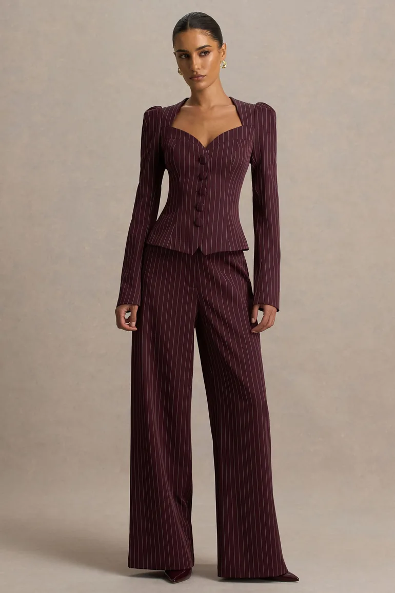 Asteria | Burgundy Pinstripe Wide-Leg Trousers - 4