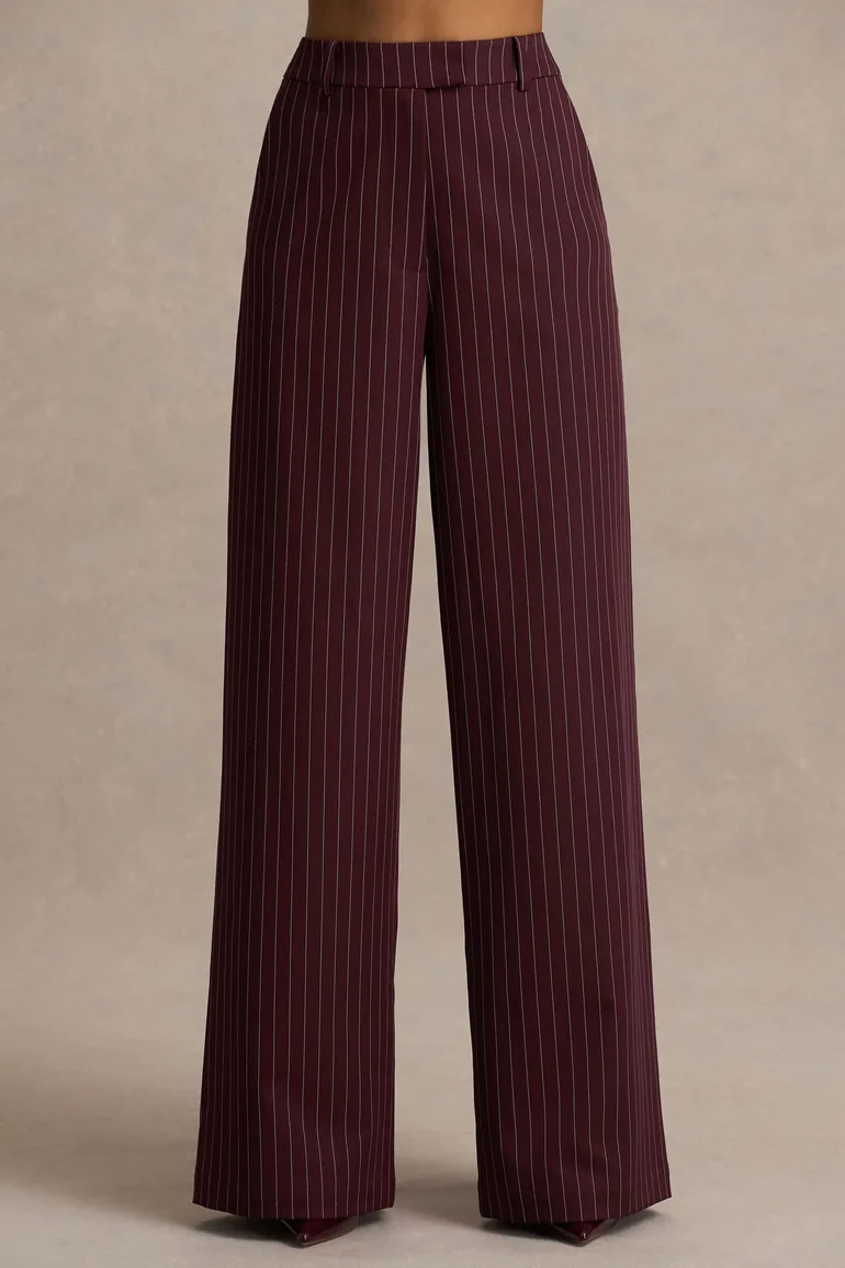 Asteria | Burgundy Pinstripe Wide-Leg Trousers - 2