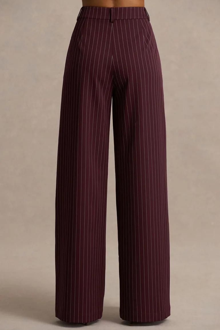 Asteria | Burgundy Pinstripe Wide-Leg Trousers - 3