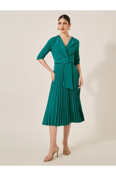 Pleated 3/4th Sleeves A-Line Midi Dress