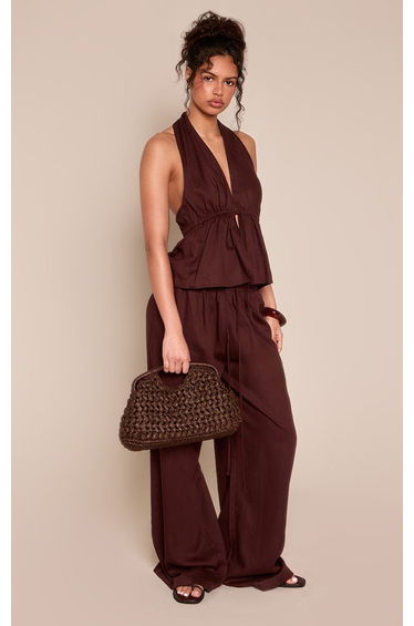 Dark Brown Drawstring Wide Leg Trousers Co-ord