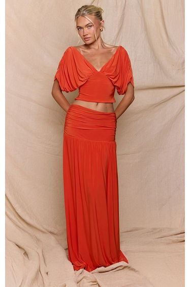 Orange Soft Touch Draped Sleeve Top Co-ord