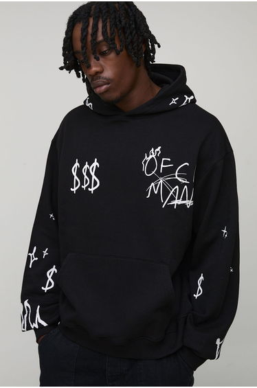 Tall Oversized Boxy Doodle Print Hoodie - black