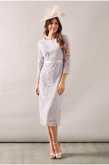 Premium Scallop Lace And Crepe Mix Midi Pencil Dress