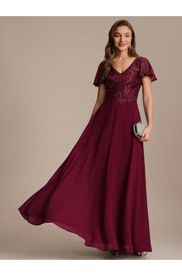 Applique Sequin Ruffle Sleeve Mother of the Bride Dress