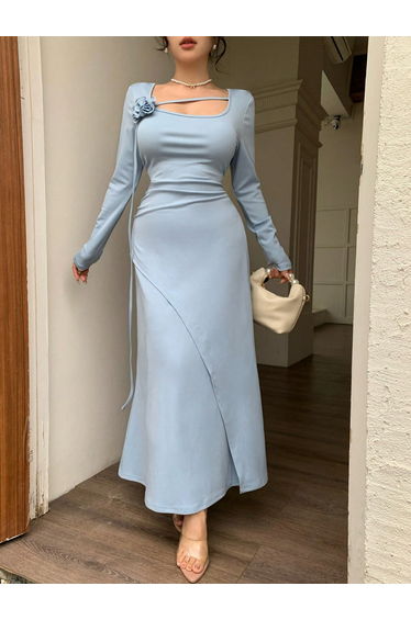 Light Blue Long Sleeves Midi Dress