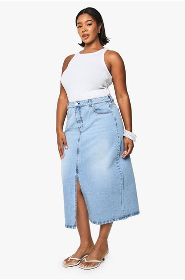 Plus Denim Midaxi Skirt - light wash