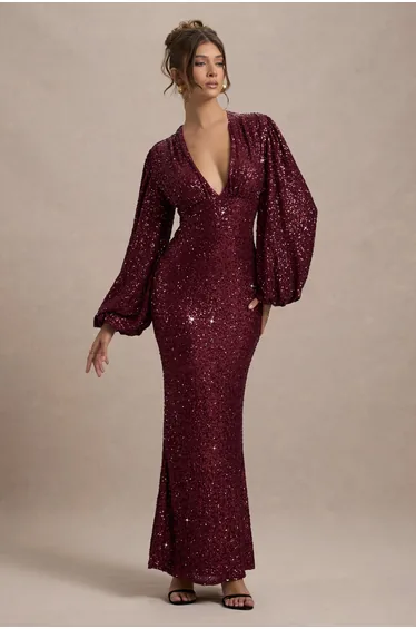 Kaelin | Berry Sequin Plunge-Neck Maxi Dress