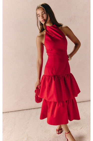 Red Dropped Hem Tiered Frill Halterneck Midi Dress