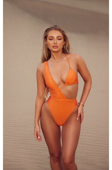 Orange Plait Detail Asymmetric Swimsuit