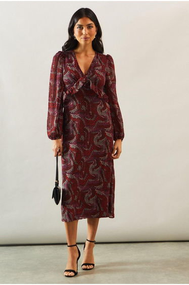 Printed Ruffle Detail V Neck Midi Dress