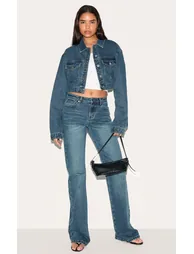 Tall Dark Blue Wash Back Pocket Detail Flare Jeans