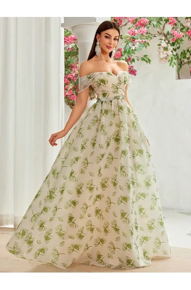 فستان ليلي شيفون أخضر طول الأرض على شكل حرف A بلا أكتاف بطبعة أزهار