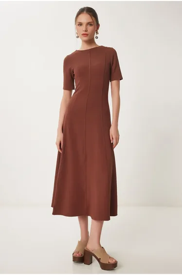 Women's Brown Flared Midi Summer Knitted Dress