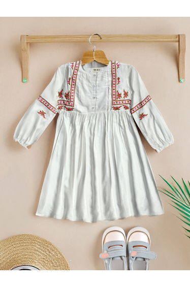 Embroidered Balloon Sleeves Knee-Length Dress