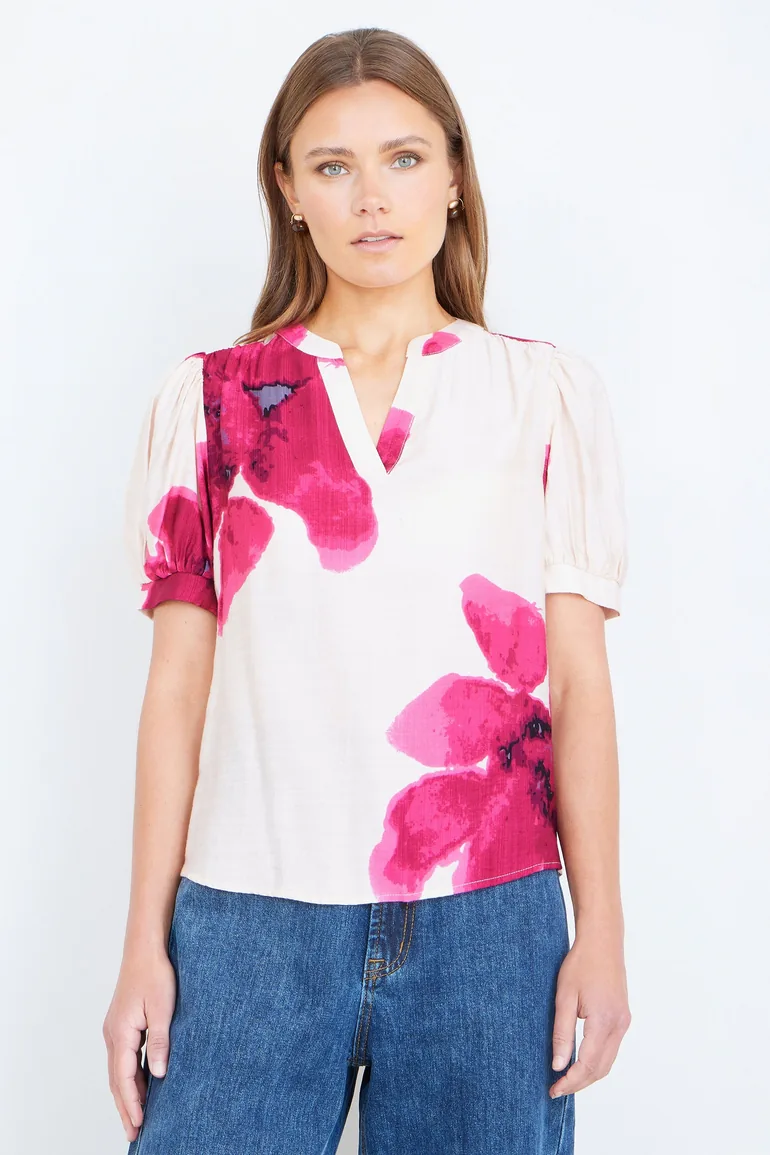Yumi Pink Watercolour Viscose Floral Top - 3