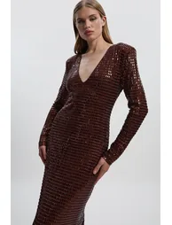 Premium Crystal Embellished Jersey Long Sleeve Plunge Neck Midi Dress - 1