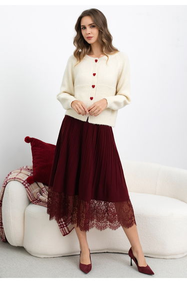 Lace Spliced Ribbed Texture Knit Midi Skirt in Red