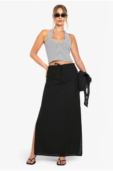 Linen Drawstring Maxi Skirt - black