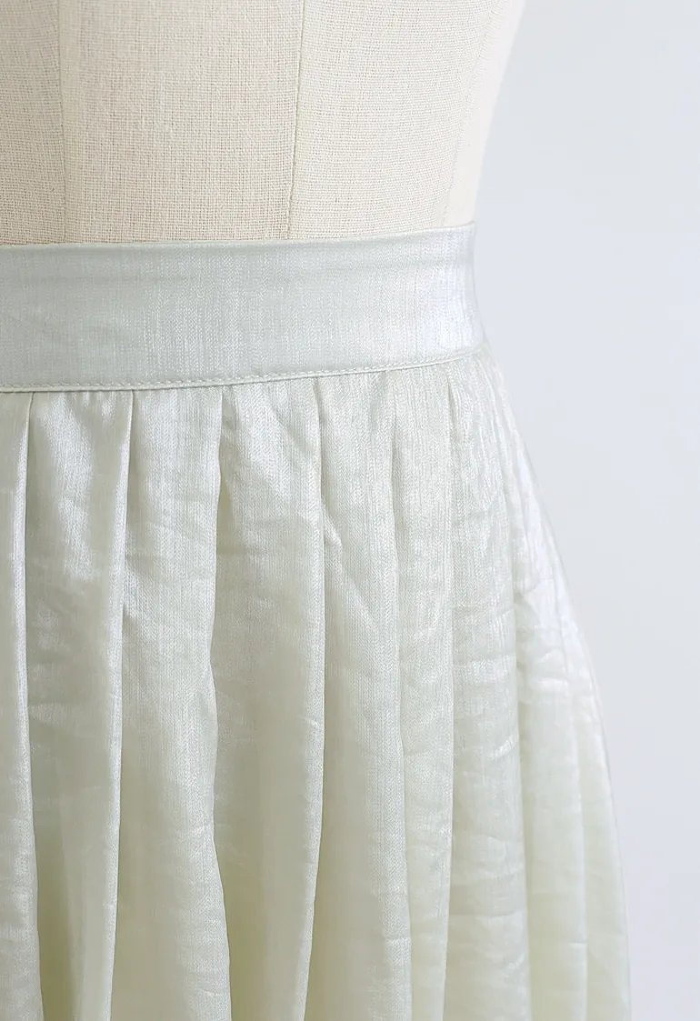 Shimmer Breeze Pleated A-Line Midi Skirt in Pea Green - 3