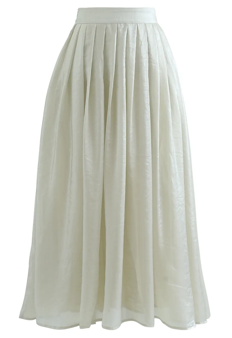 Shimmer Breeze Pleated A-Line Midi Skirt in Pea Green - 1