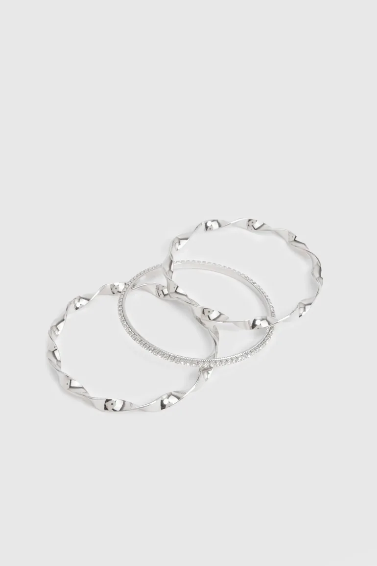 Diamante & Abstract Silver Bangle 3 Pack - silver - 2