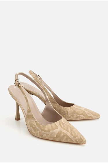 Women's Beige Patterned Pointed Toe Open Back Stiletto Heel U Shoes