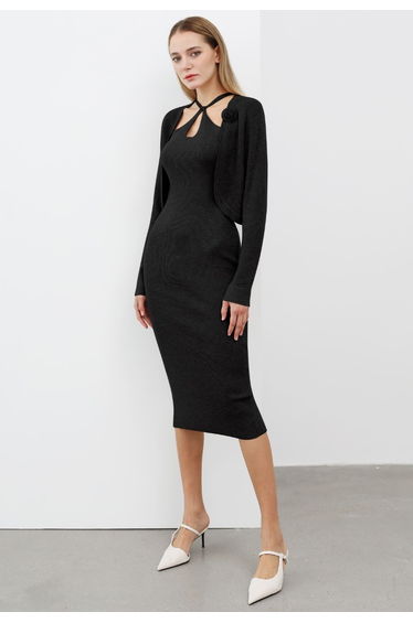 Cutout Halter Neck Knit Dress and Cardigan Set in Black