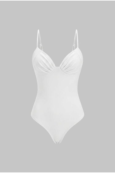 Solid V-Neck Ruched Sleveless Bodysuit