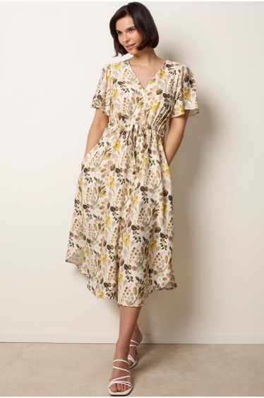 Leaf Print Tie Waist Shirt Midi Dress