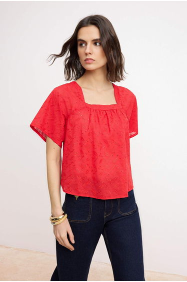 Red Brode Square Collar Woven Blouse