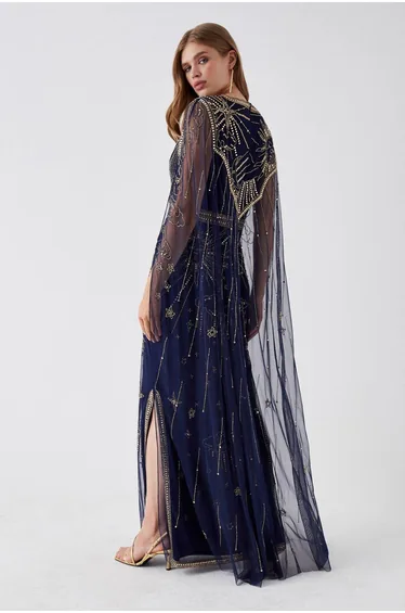 Mesh Cape Back Maxi Dress With Embellishment