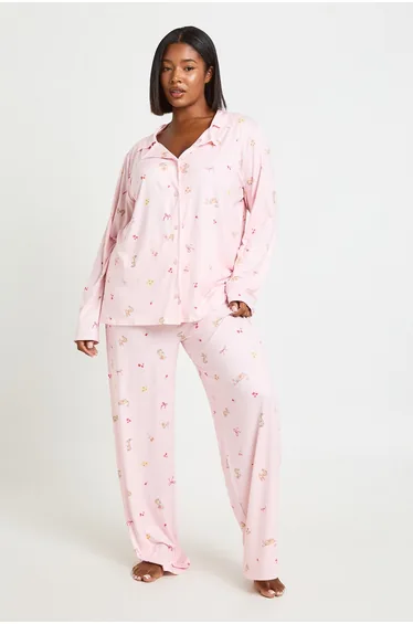 Plus Bunny And Bow Print Long Sleeve Shirt & Trouser Pyjama Set - pink