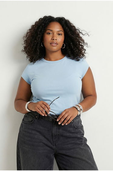 Light Blue Viscose Ribbed Flexible Comfortable Basic Knitted Plus Size Blouse